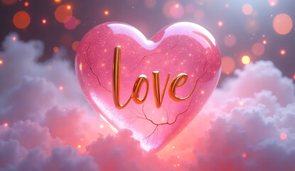 Heart-shaped object with the inscription “Love” in gold sits on a cloud against a glowing background. The heart is made of glass or crystal, with streaks or cracks. Love and beauty.