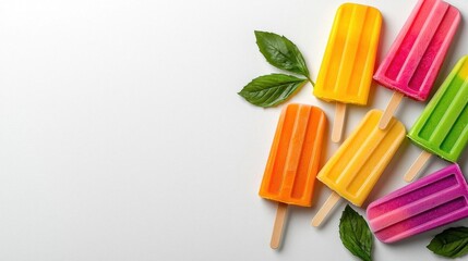 A photostock of a vibrant array of tropical popsicles in various colors like orange, pink, and yellow, neatly lined on a clean white background, fresh and delightful. High Quality