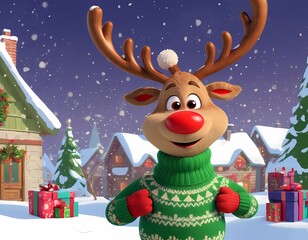 Cheerful reindeer character in festive holiday village during a snowy winter scene