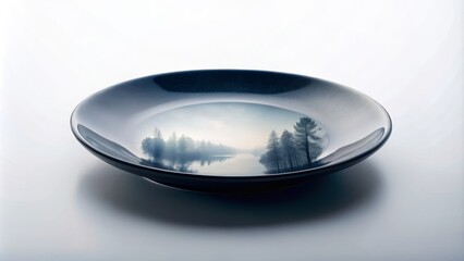 Elegant Double Exposure of an Empty Black Plate Isolated on White Background with Creative Selective Focus for Culinary and Table Setting Concepts
