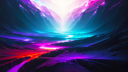 Vibrant and surreal landscape with a valley surrounded by colorful, luminescent mountains. River flows through the valley, its waters glowing with a vibrant mix of colors. Generative AI.