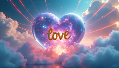 Сosmic heart filled with stars and the word “Love” glowing in the center. The heart floats above the clouds and a pond. Love and the immensity of the universe.