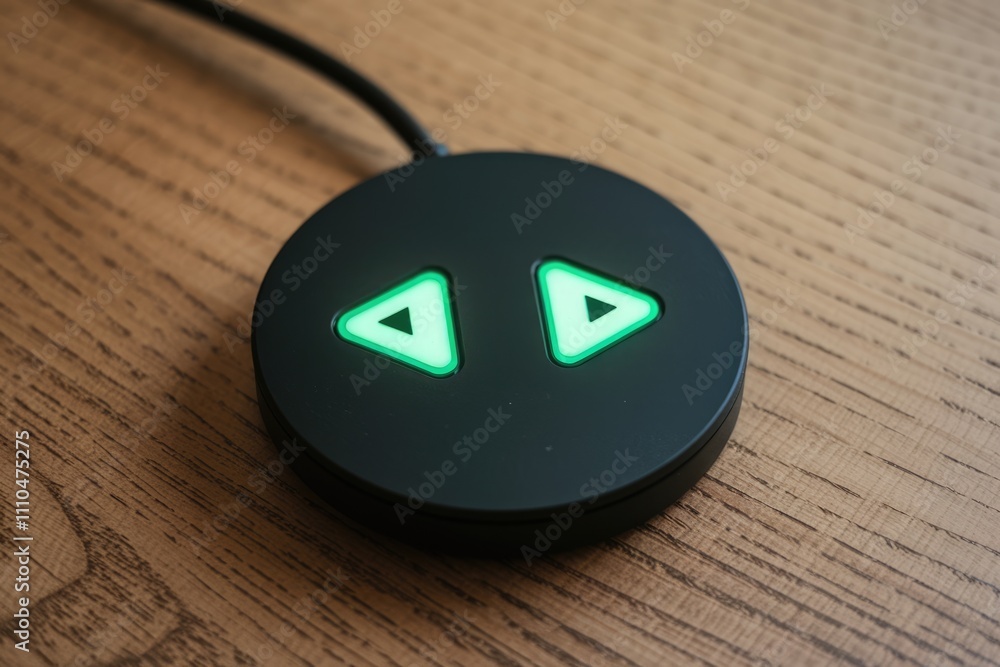 Poster Compact black circular device with green triangular buttons.