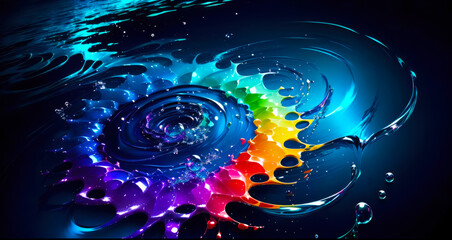 Abstract image of a rainbow-colored water splash forming a circular pattern on a dark blue background. The splash creates dynamic movement, evoking a sense of energy and fluidity.