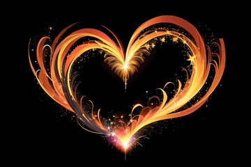 Vibrant and dynamic heart-shaped design, radiating with golden light and intricate swirling lines. The heart appears to be bursting with energy and sparks.