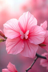 Delicate pink flower with a small white butterfly resting in its center. The image is soft and focused on the flower, creating a peaceful and serene atmosphere.