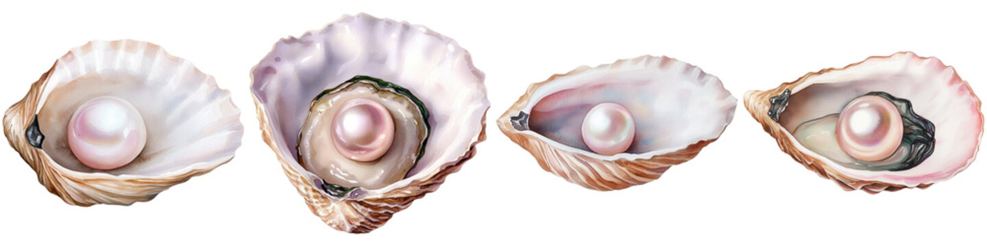 Chinese New Year festival and symbolism, A series of four open shells, each containing a lustrous pearl, showcasing the natural beauty and variation of these marine treasures.