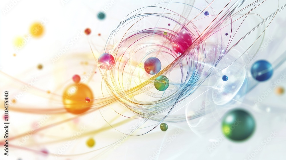 Poster a digital representation of quantum particles orbiting around a nucleus with energy levels displayed