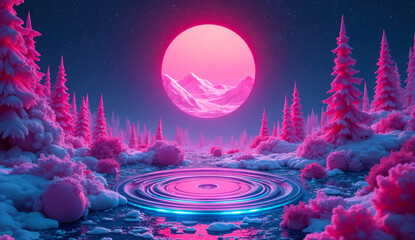 Winter landscape with a large, glowing pink moon illuminating a snowy forest. Circular pool of water with neon blue ripples in the foreground. Backdrop of a starry night sky. 