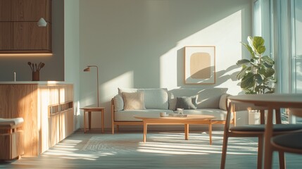 Fototapeta premium Modern Minimalist Living Room Interior Design Sunlight Sofa Wood