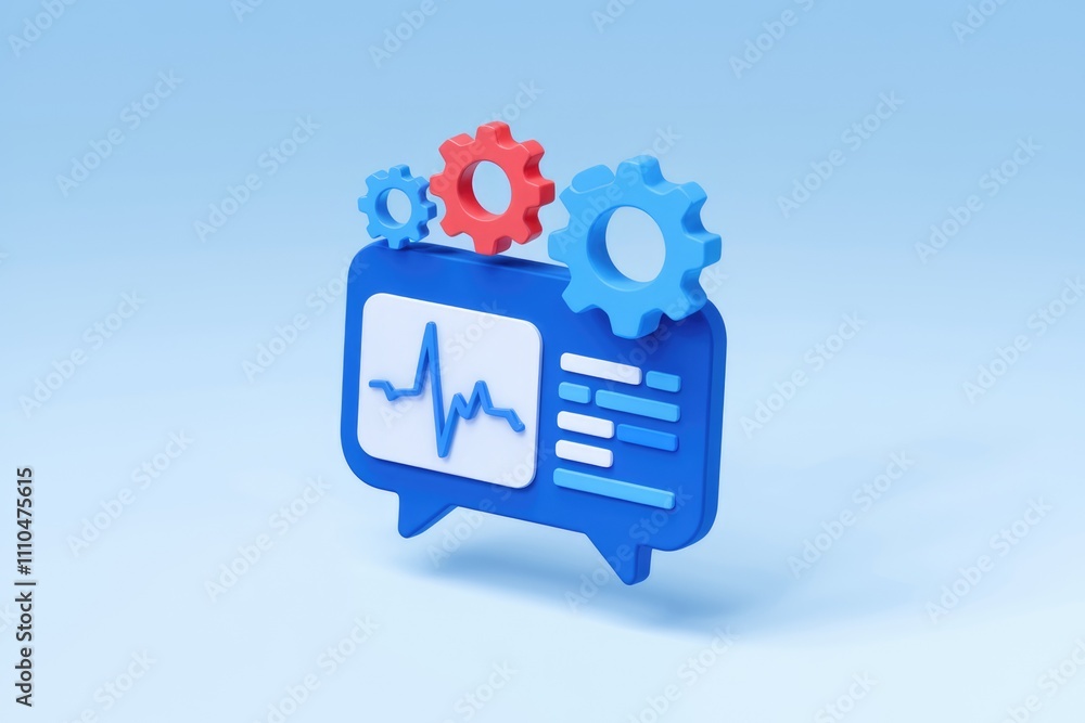 Poster Blue speech bubble with heartbeat graph  code  and gears.