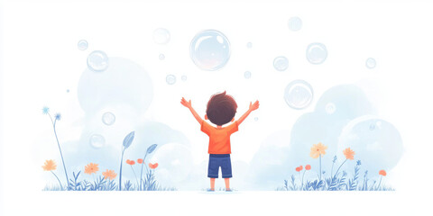Coming up. A joyful child reaches for floating bubbles in a whimsical, serene landscape filled with flowers and soft colors.