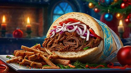 Delicious Christmas pulled pork sandwich with fries on a plate, cozy fireplace and Christmas tree background.