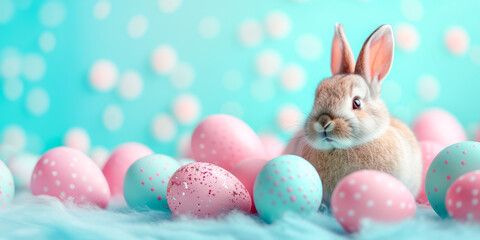 Adorable bunny surrounded by pink and blue Easter eggs, resting on fluffy surface against bright bokeh background. Perfect for Easter-themed campaigns, festive cards, or family-friendly promotions