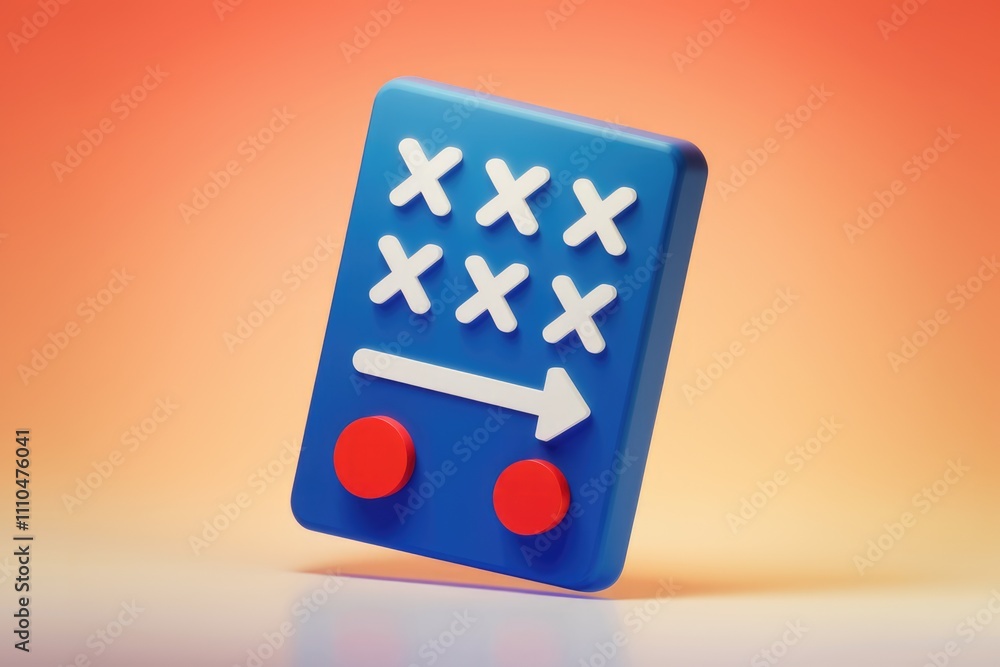 Poster 3D blue device with Xs  arrow  and red circles.