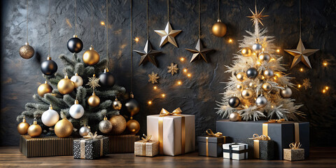 Two beautifully decorated Christmas trees stand amidst wrapped gifts and sparkling ornaments, showcasing a festive atmosphere with gold and black themes, perfect for the holiday season