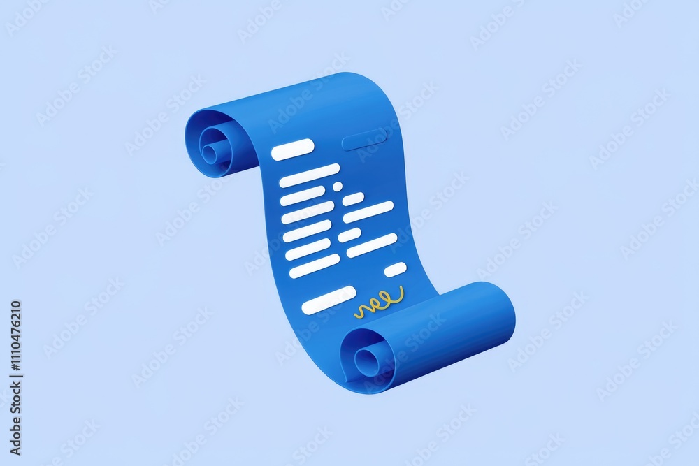 Poster 3D blue scroll with signed document symbolizing contracts.