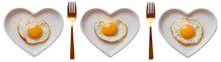 High quality sunny side up heart egg on white plate top view on white background