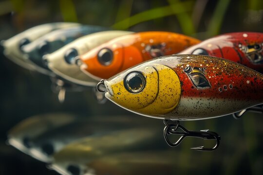 Colorful fishing lures displayed in an outdoors setting ready for action