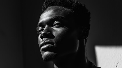 A dramatic portrait of a person in black-and-white, with intense shadows and strong lighting