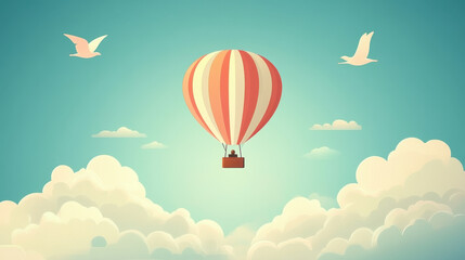 Naklejka premium Coming up. A colorful hot air balloon floats among clouds, with birds soaring nearby, creating a serene and whimsical atmosphere.
