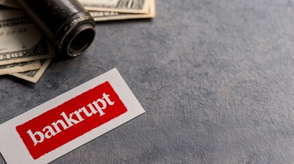 Bankrupt foreclosure and business closure concept, Bankruptcy notice next to scattered dollar bills and a gavel on a textured surface.
