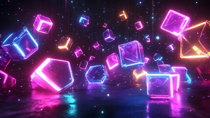 Obraz premium Abstract neon cubes in a dark, futuristic scene with vibrant colors and glowing outlines.