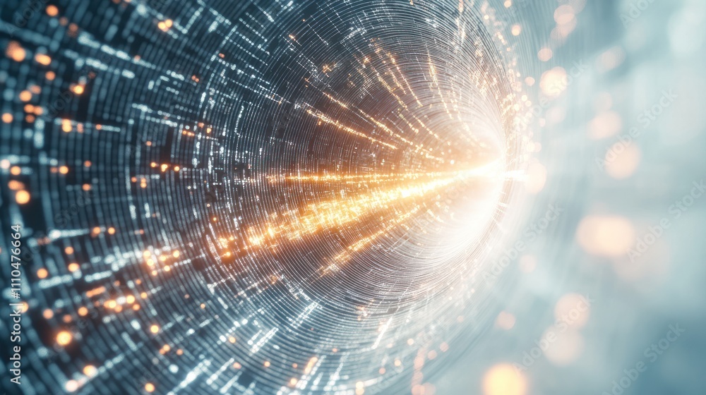 Poster quantum numbers represented as glowing data streams flowing around a central point, with a clean whi