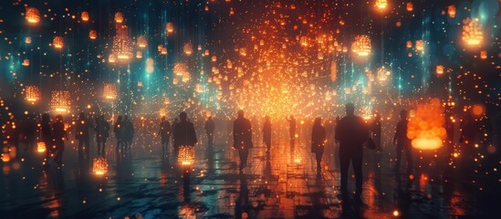 Captivating scene of a magical lantern festival in a mesmerizing dreamlike nocturnal cityscape with glowing lights silhouettes and a surreal mysterious atmosphere