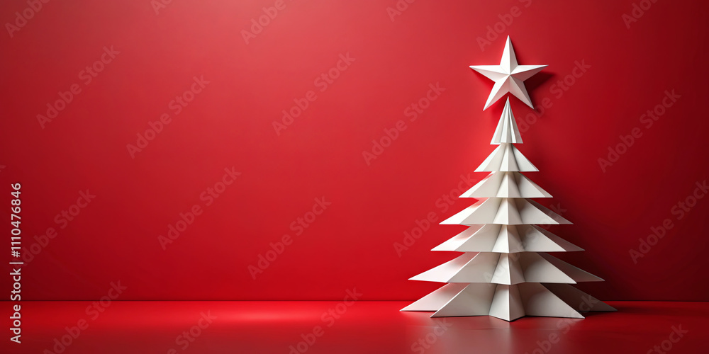 Poster a decorative white paper christmas tree is positioned on a sleek surface, featuring multiple layered
