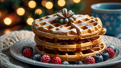 Delicious golden waffles stacked high, drizzled with syrup, topped with sugared berries and a festive garnish.  Served on a plate with a blurred Christmas background.