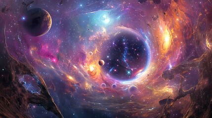 Obraz premium Celestial Portal Art Featuring Vivid Galaxies and Planets Concept of Space Exploration Cosmic Wonders and Futuristic Imagination