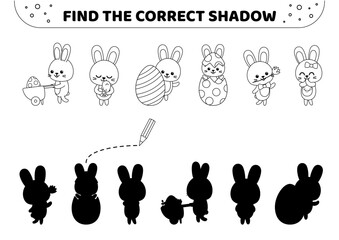 Find the correct shadow. Black and white. Easter eggs and hares. Printable shadow matching game. Isolated vector illustration eps 10