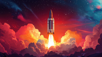 Fototapeta premium Coming up. A vibrant rocket ascends through colorful clouds against a cosmic backdrop, symbolizing exploration and adventure in space.