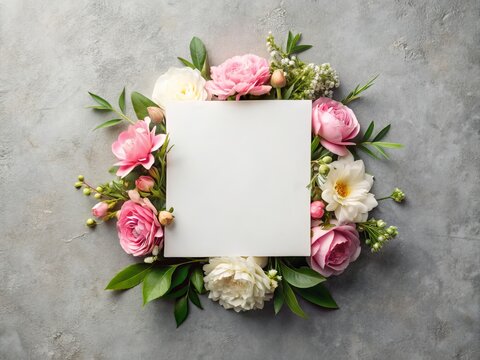 Elegant Invitation Card Mockup with Fresh Prony Flowers on Gray Background for Creative Design Projects and Greeting Card Concepts