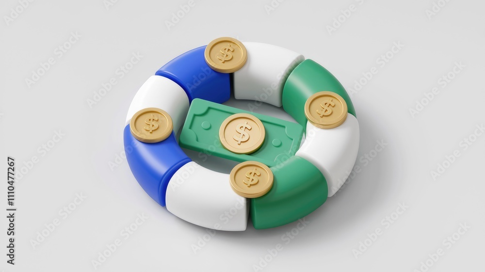 Poster graphic symbolizing financial security and wealth with coins and bill.