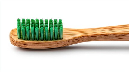 A photostock of an eco-friendly bamboo toothbrush with natural bristles, isolated on a clean white background, simple and sustainable. High Quality
