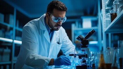 A scientist in a lab coat examines a sample under a microscope.
