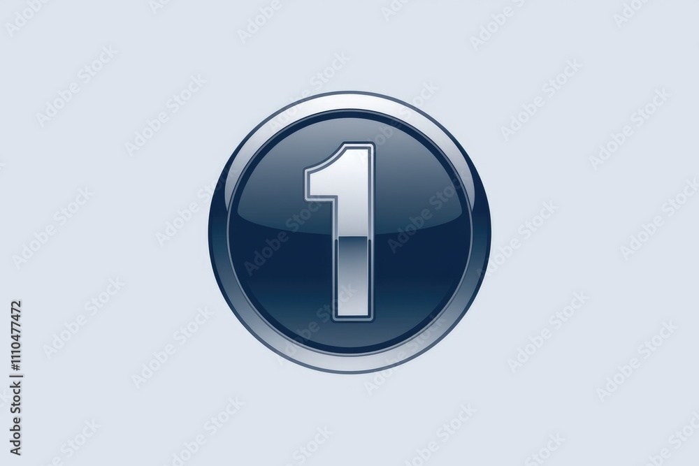Poster a glossy dark blue circular button with a metallic silver number one in the center.