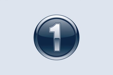 A glossy  dark blue circular button with a metallic silver number one in the center.