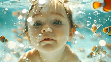 Adorable Baby Swimming Underwater With Clownfish Surrounding in Clear Water. Concept of Childhood Adventure, Underwater Exploration, and Ocean Life Discovery