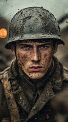 Wwi soldier in trenches with steel helmet and mudsmeared uniform
