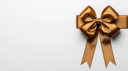 A photostock of an elegant gold ribbon tied in a neat bow, isolated on a clean white background, luxurious and festive. High Quality