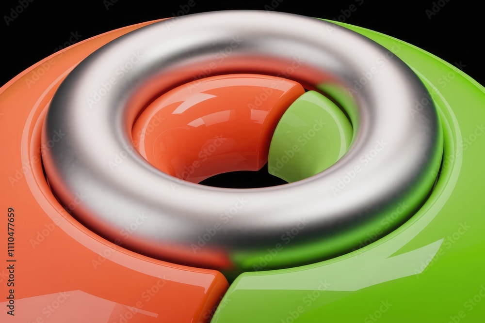 Poster abstract 3d rendering of overlapping glossy rings in orange green and silver.