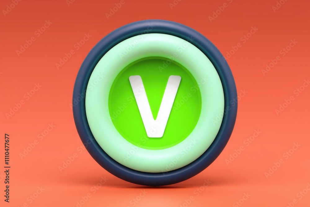 Poster a 3d render of a vibrant green button featuring a white capital v against a coral background.