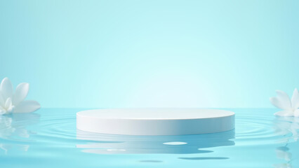 Empty white circular platform for montage of your products floating on water with lotus flowers, set against soft blue background. Perfect for wellness, spa branding, and minimalist product displays