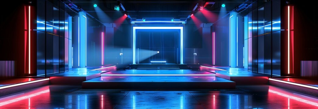 Vibrantly Neon Lit Concert Stage with Neon Lights and Reflective Surfaces. Concept of Modern Entertainment, Event Production, Nightlife Ambiance, and Technological Illumination. Banner