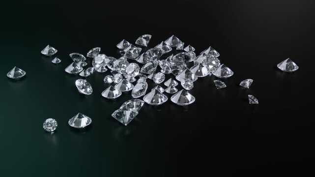Diamonds falling down on black table in dark scene. Animated 3d rendering of gemstones on black background