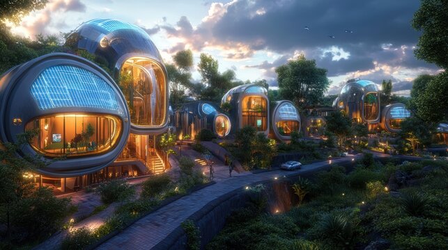 Futuristic cityscape with solar panels and integrated energy solutions