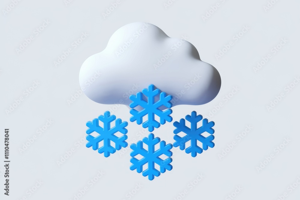 Poster A 3D rendering of a cloud with four snowflakes falling  symbolizing snow.
